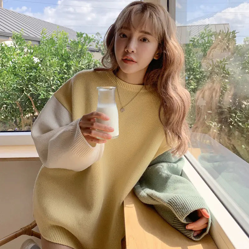 Chic 2019 Autumn Winter Color Block Knit Sweater