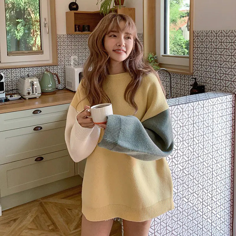 Chic 2019 Autumn Winter Color Block Knit Sweater